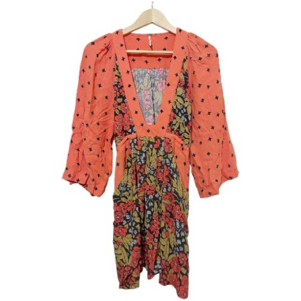 Free People Tallula Coral Floral Mixed Print Boho Mini Dress Size XS - Picture 2 of 7